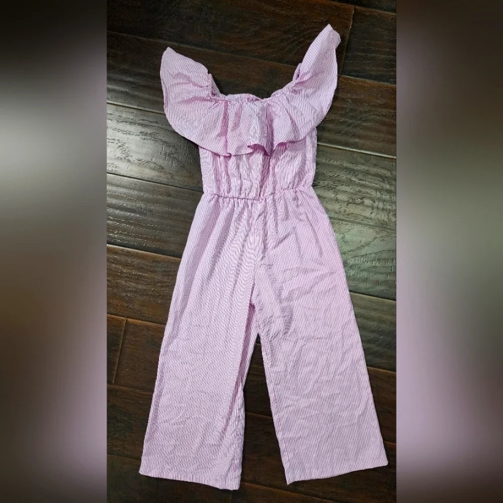 Girls Ruffle Trim Pink Striped Pant Bodysuit - Picture 1 of 5
